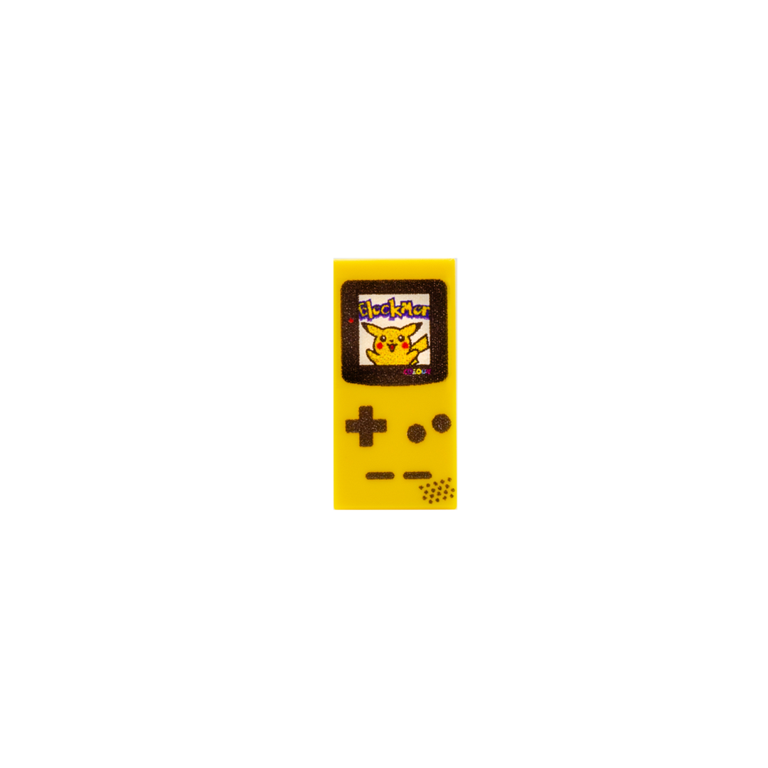 Yellow Nintendo Game Boy console printed on a LEGO tile with Pikachu game inspired design