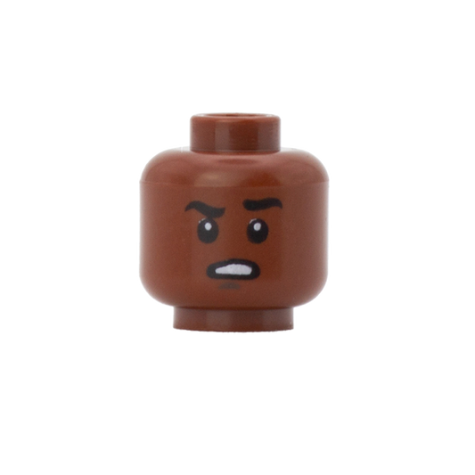 Closed Scowl with Raised Eyebrow / Open Mouth with Raised Eyebrow (Dark Skin Tone, Double Sided) - LEGO Minifigure Head