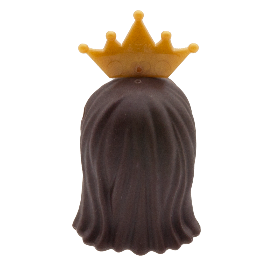 dark brown long LEGO hair with blunt fringe and crown 