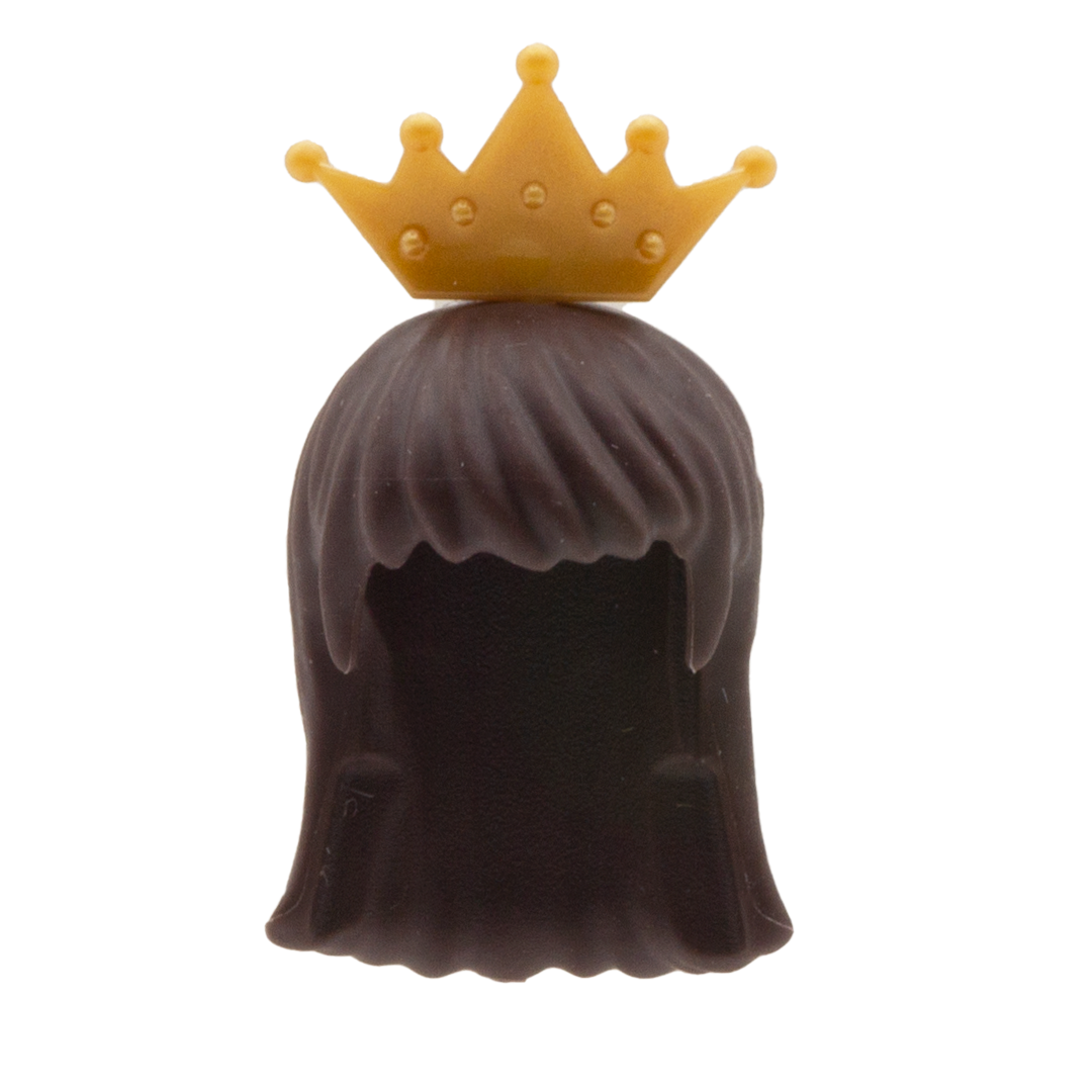 dark brown long LEGO hair with blunt fringe and crown 