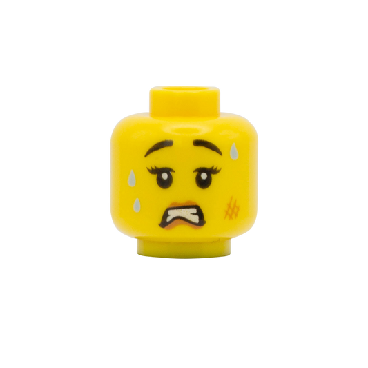 A lego minifigure head with a worried sweaty expression