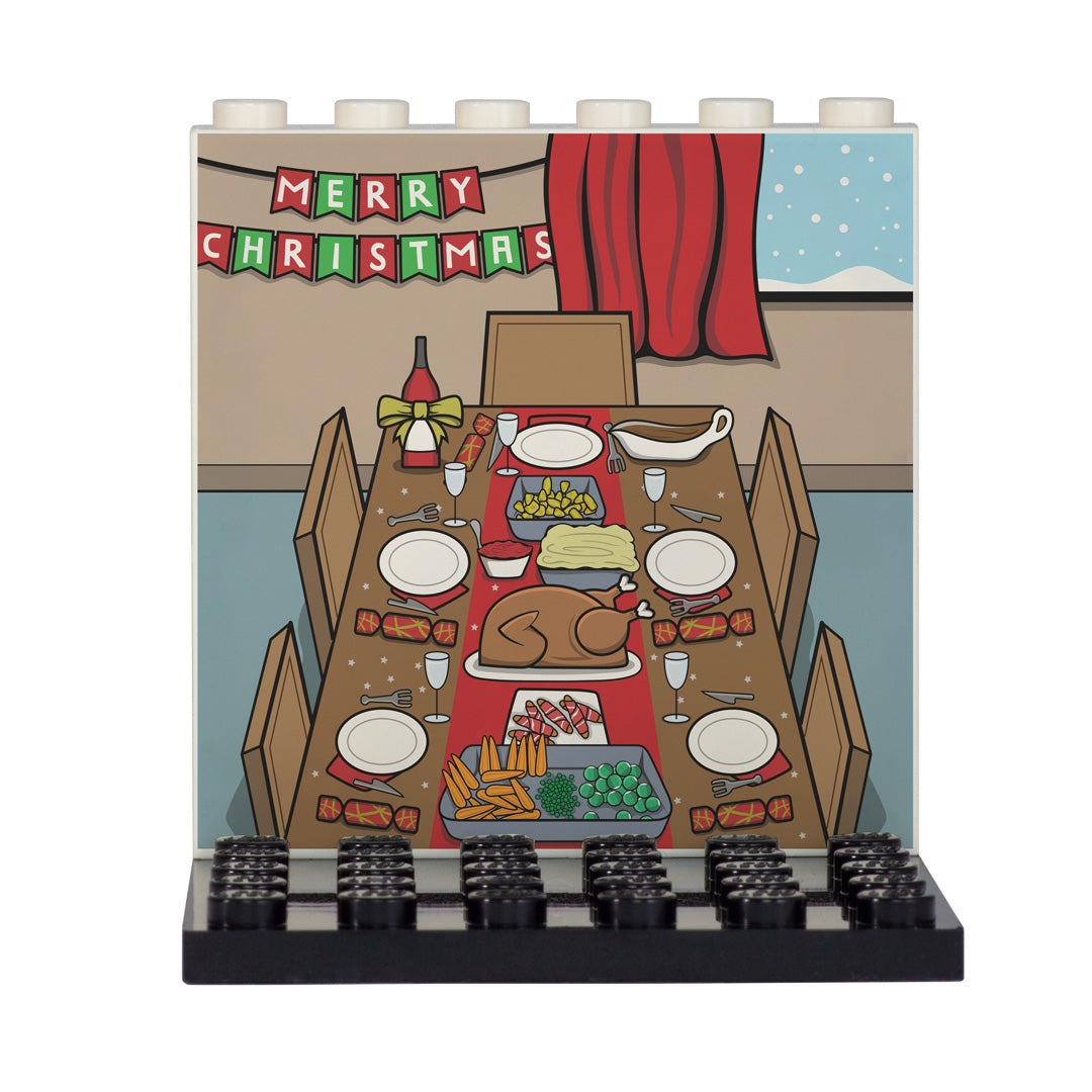 Christmas Dinner Back Panel- Custom Design Display Panel and Stand (festive LEGO)