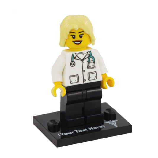 a custom lego doctor minifigure with blonde hair , smile and eyelashes standing on a custom text baseplate 