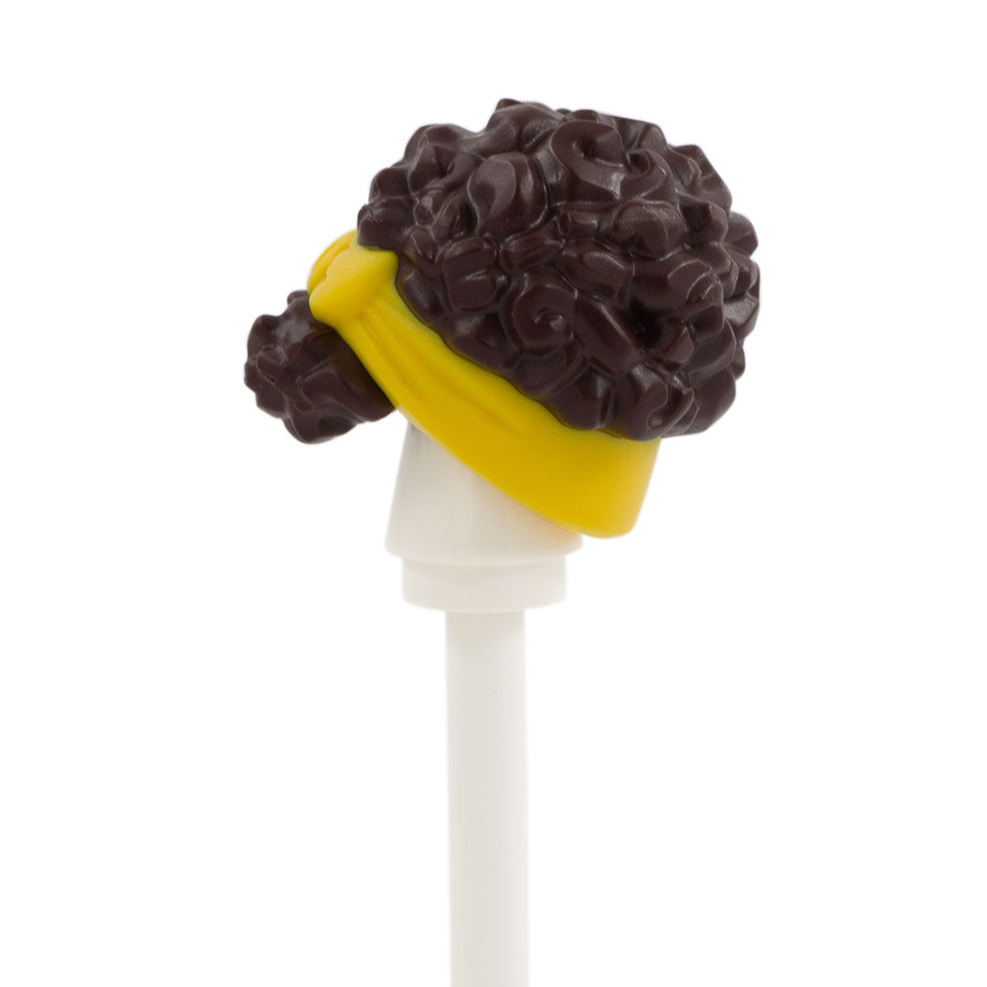 Dark Brown Curly Up Do with Yellow Headband - LEGO Minifigure Hair