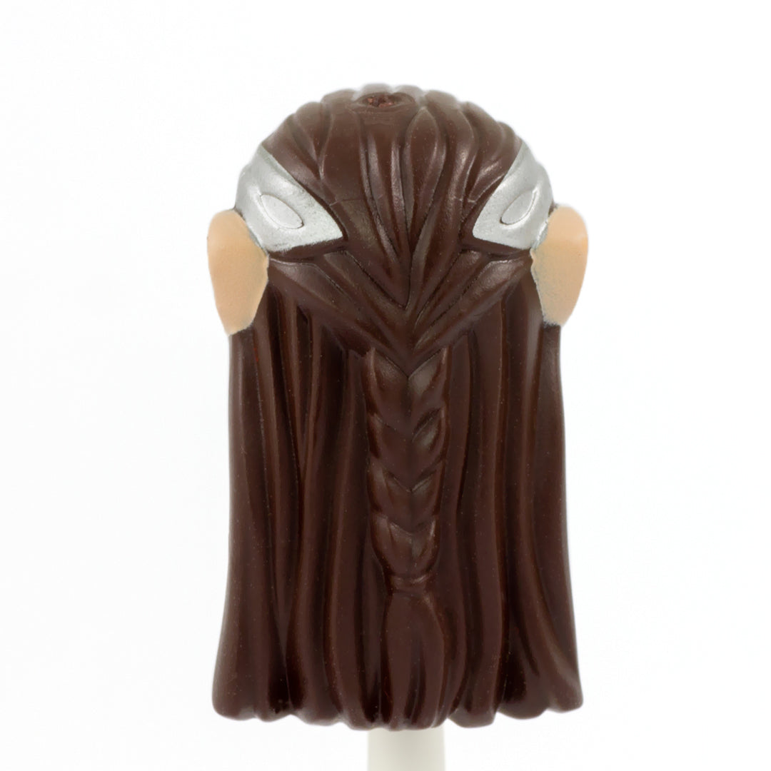 Long Dark Brown Hair with Silver Crown and Light Skin Elf Ears - LEGO Minifigure Hair