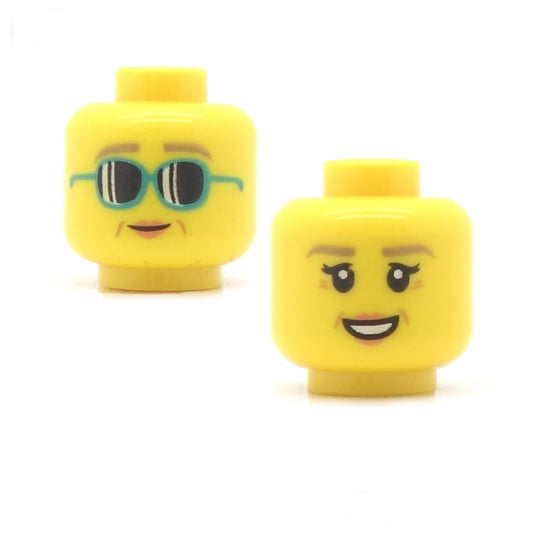Female Face Big Sunglasses / Happy Face with Light Eyebrows (Double Sided) LEGO Minifigure Head