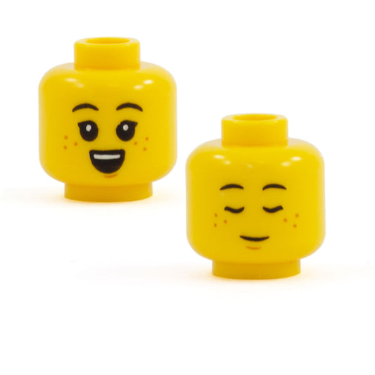 Big Grin / Sleeping with Freckles, Large Eyes and Flicked Eyelashes (Yellow Skin Tone Double Sided) - LEGO Minifigure Head