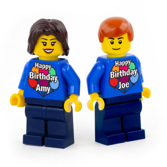Two custom lego minifigures male and female with custom happy birthday "name" torsos - lego birthday gift