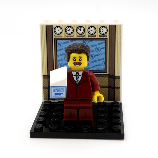 Moustached News Anchor - Custom Design Minifigure and Display Panel